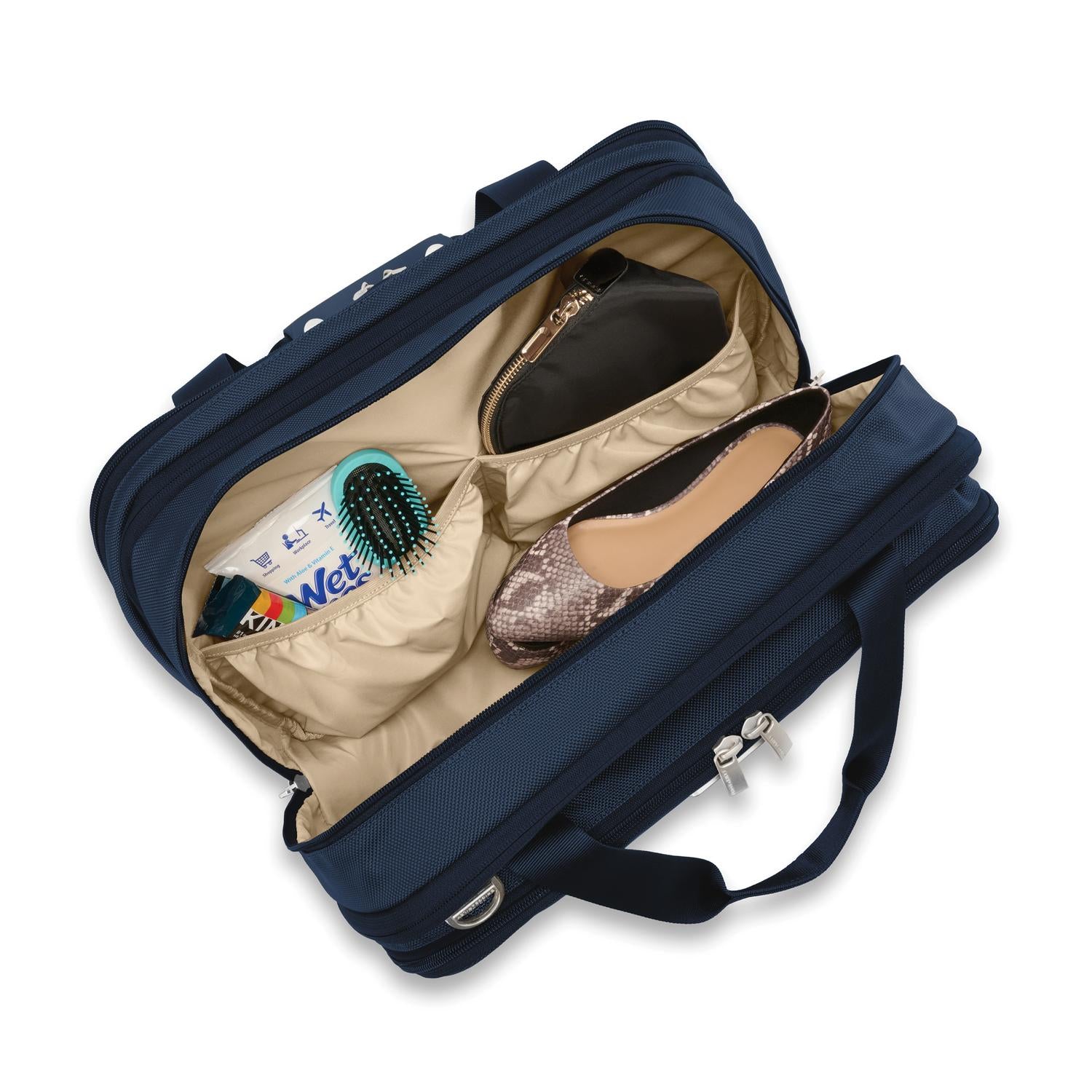 Briggs and Riley Expandable Cabin Bag Navy Open showing packed pockets #colour_navy