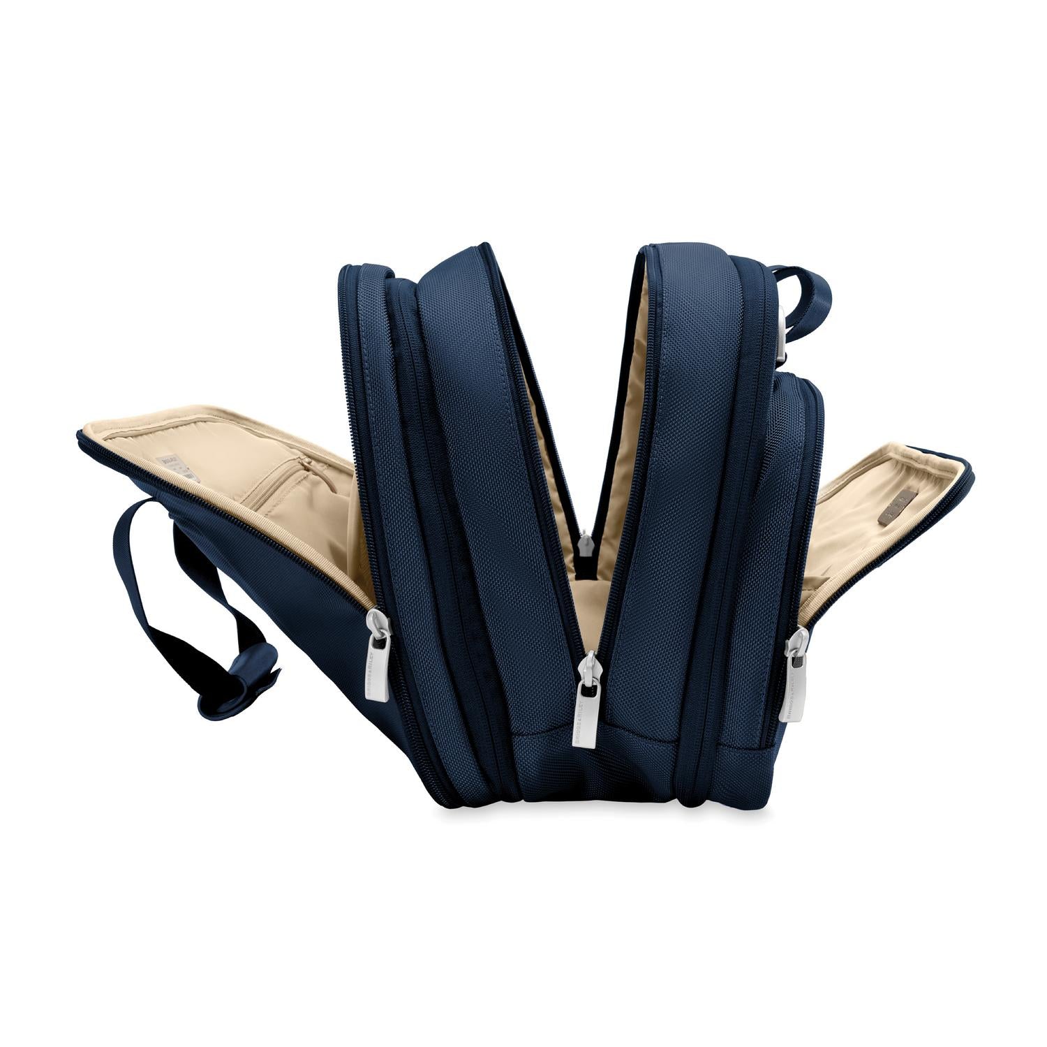 Briggs and Riley Expandable Cabin Bag Navy Open showing compartments  #colour_navy