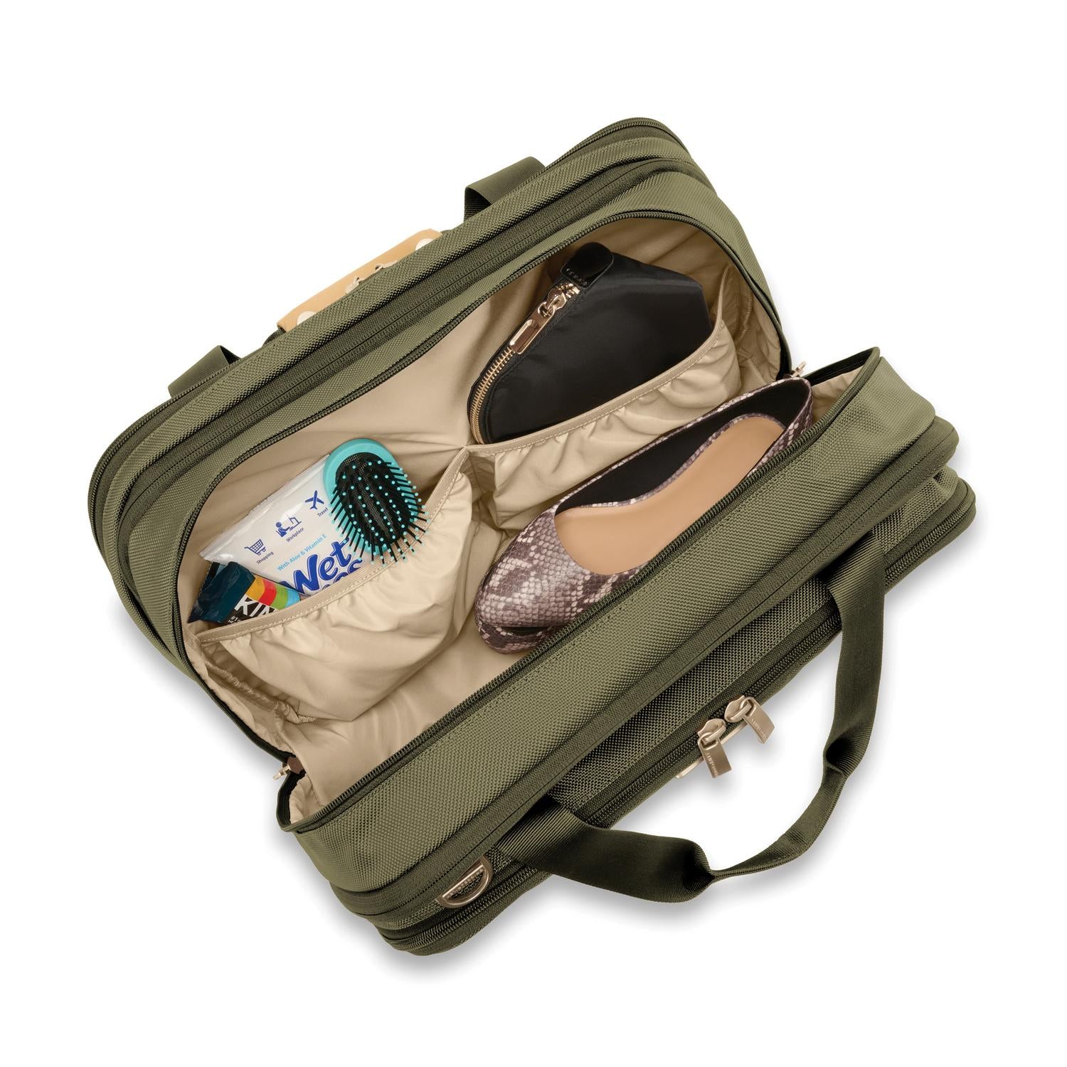 Briggs and Riley Expandable Cabin Bag Olive Open showing packed pockets #colour_olive