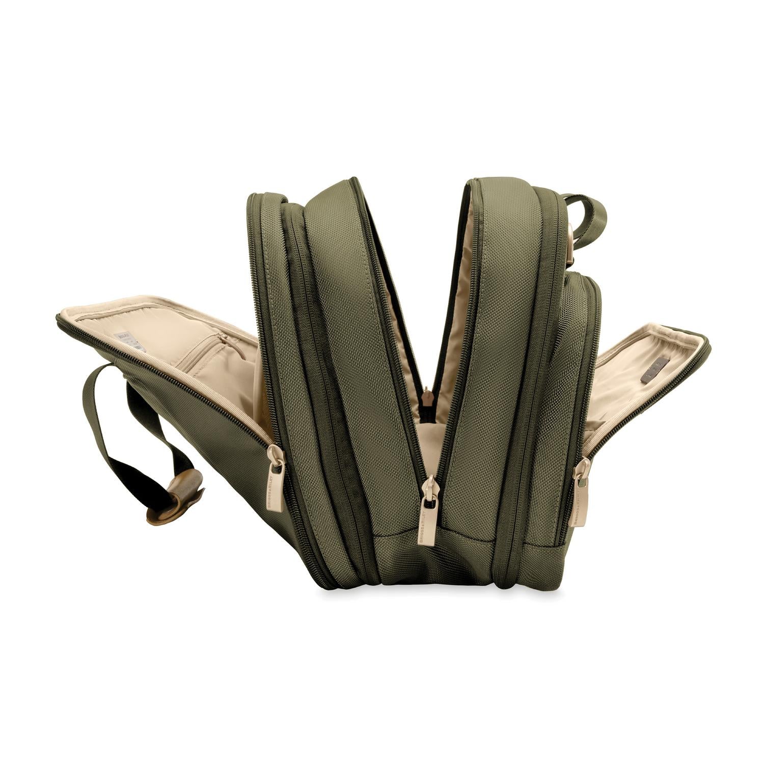 Briggs and Riley Expandable Cabin Bag Olive Open showing compartments  #colour_olive