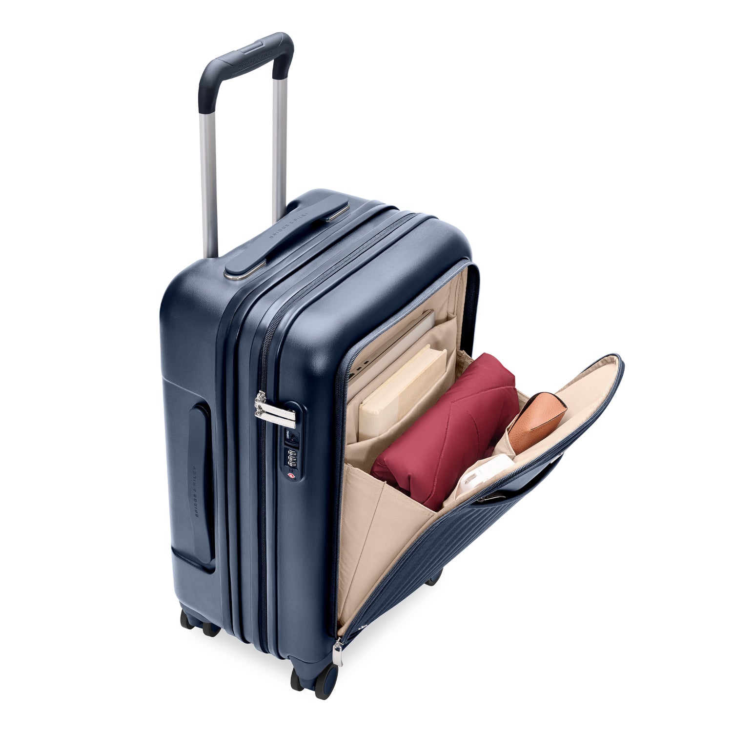 Essential Front Pocket Carry-On Expandable Spinner in Navy, Front View #colour_navy