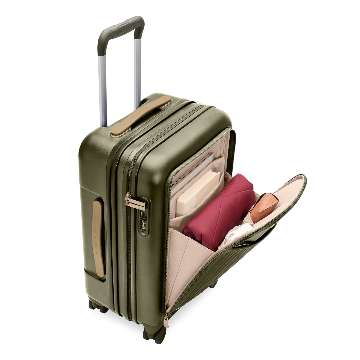 Essential Front Pocket Carry-On Expandable Spinner in Olive #colour_olive